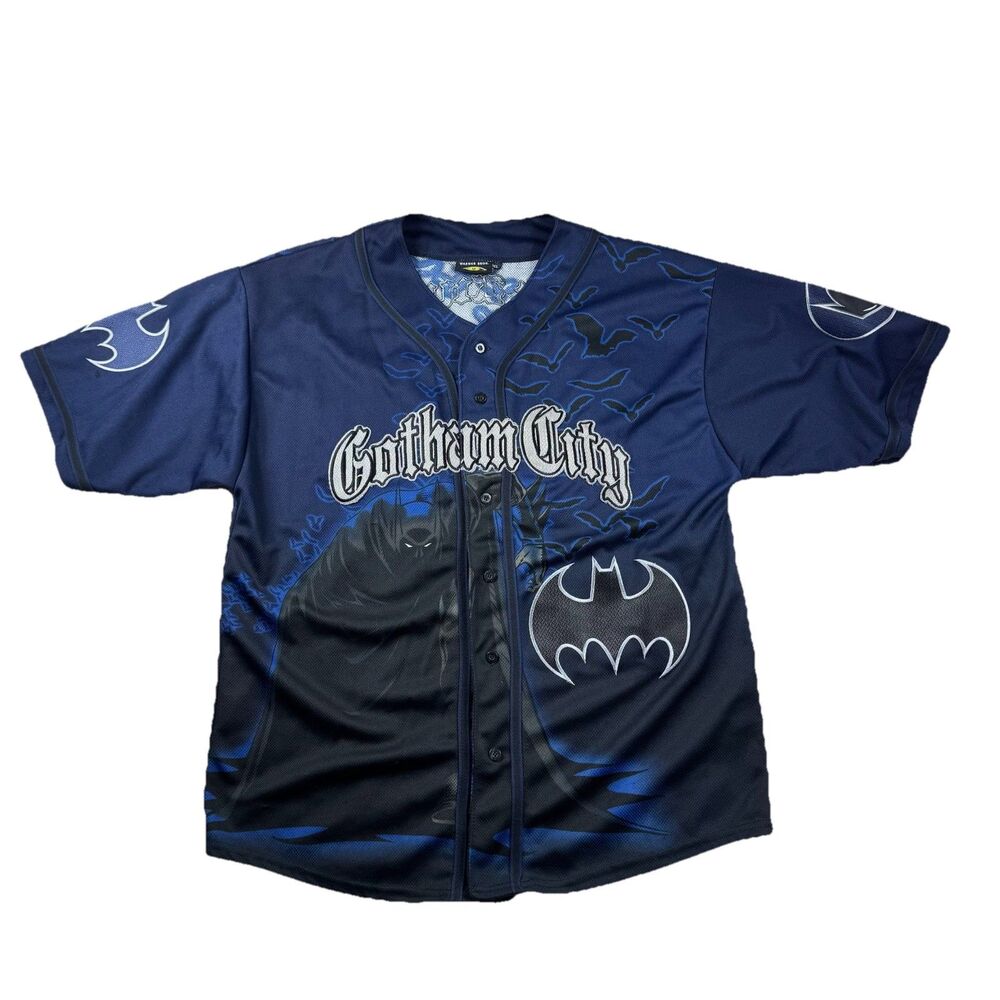 VTG 2002 Warner Bros Batman Dark Knight Gotham City AOP Baseball Jersey Men's XL